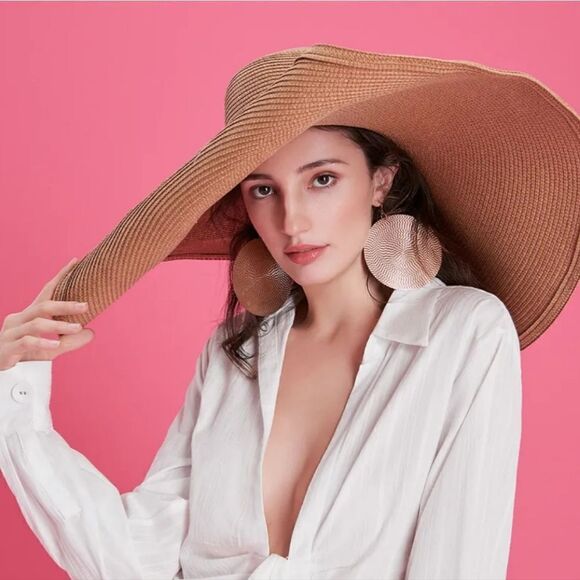 NEW xl big floppy tan and black straw flexible sun beach hat main image 10